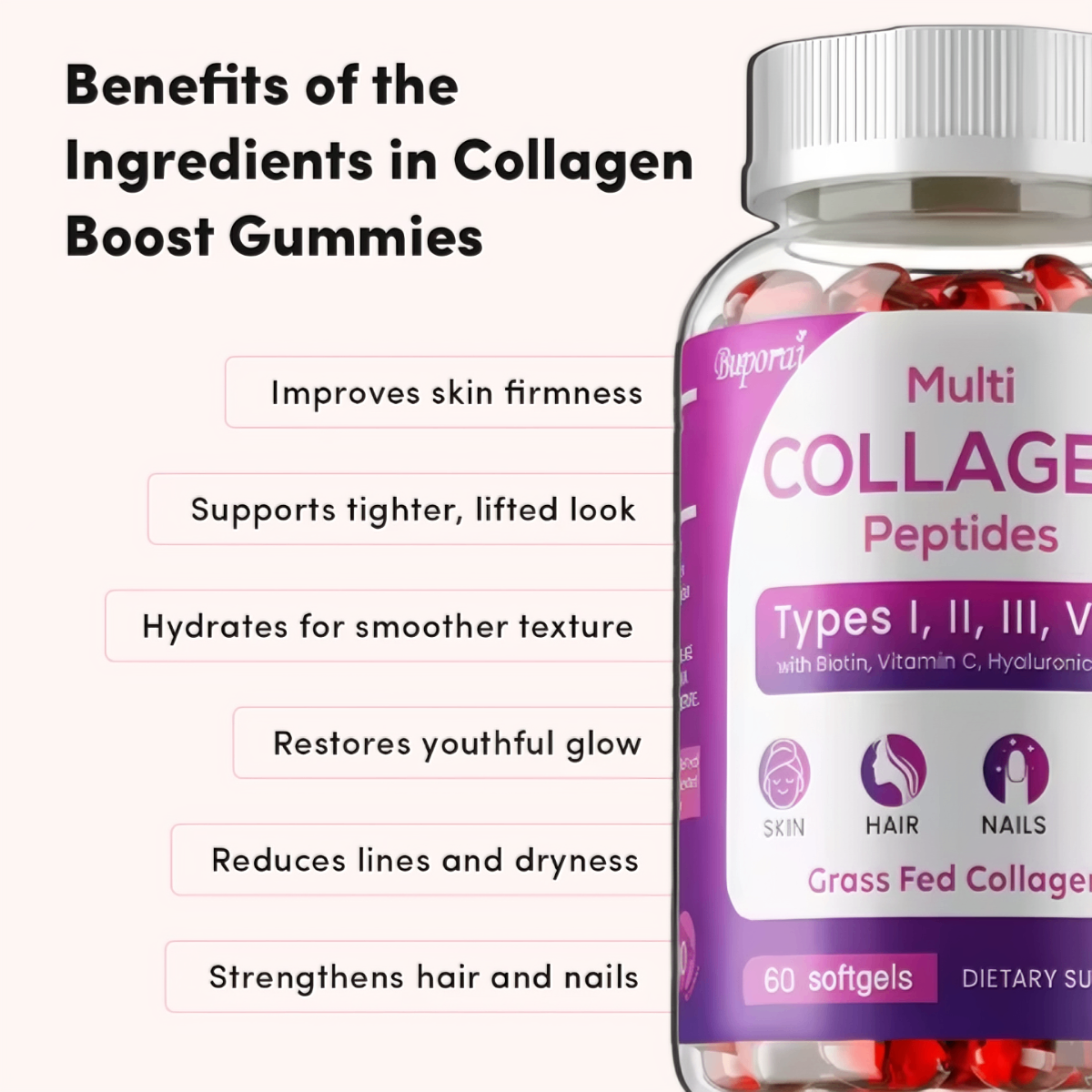 Benefits of ingredients in Collagen Boost Gummies for skin, hair, and nails support.