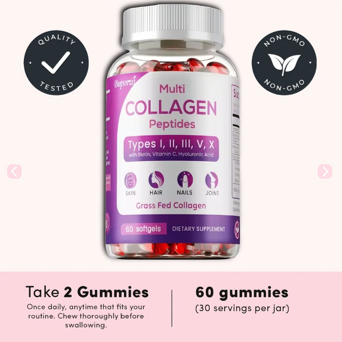 Benefits of ingredients in Collagen Boost Gummies for skin, hair, and nails support.