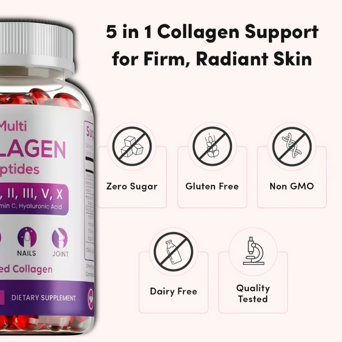 Benefits of ingredients in Collagen Boost Gummies for skin, hair, and nails support.